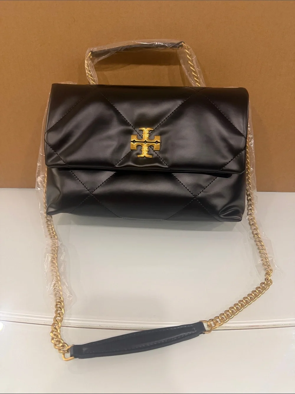 Tory Burch Black Quilted Leather Shoulder Bag with Gold Logo Chain